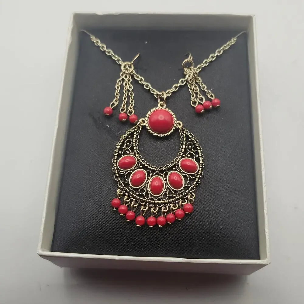 MIXIT JCPenney Red Faux Stone Bib Necklace Drop Earrings Gold Tone Boho Set Box